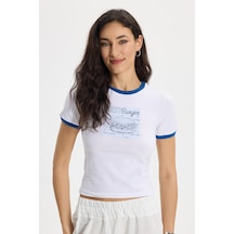 Tudors Kadın Slim Fit Dar Kesim %100 Pamuk Bisiklet Yaka Kısa Kollu Baskılı Beyaz Tişört-50510