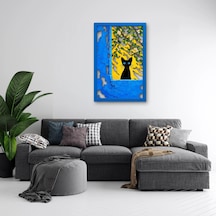 Çiçekli Pencerede Siyah Kedi Metal Tablo 33x50 Cm Çok Renkli