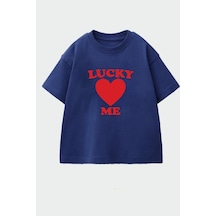 Monila Kız Çocuk Pamuklu Bisiklet Yaka Kalp Baskılı T-shirt Lacivert