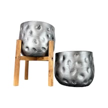 Bitki Tasarımı Ev Dekorasyon Aksesuar Gümüş Desenli Toprak Saksı Saksılık Salon Çiçeklik İkili Set 4 Ayaklı - Ayaksız 19 Cm