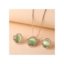 Junea - Rose Gold Zincirli Yeşil Taşlı Geometrik Şık Tasarım Minimalist Kolye Ve Küpe Takı Seti