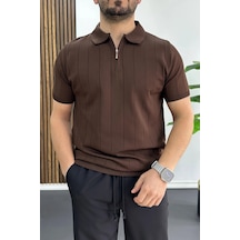 Erkek Slim Fit Fermuarlı Polo Yaka Tişört Kahverengi Edw452 Kahverengi