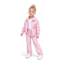 Kız Çocuk Gabardin 3 Parça Pembe Ceketli Takım Nakış Detaylı Ceket, Basic Body Ve Pantolon Set 9920 Pembe