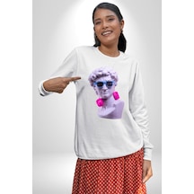 Kulaklık Gözlük Pop Art Heykel Unisex Beyaz Sweatshirt Beyaz
