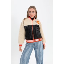 Beli Lastikli Nakışlı Derili Peluş Ceket Mont - Siyah-siyah Siyah