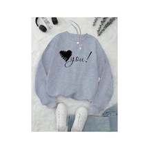 Medinenur Love You Baskılı 2 İplik Şardonlu Bisiklet Yaka Sweatshirt Gri