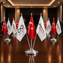 Bk Kurumsal Logonuza Özel 10 Adet Üçlü Masaüstü Bayrak Seti Türk Bayrağı Ve 2 Adet Firma Logolu Bayrak 33 Cm Beyaz