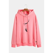 Unisex Pembe Kapüşonlu Salıncak Baskılı Slim Fit Kanguru Cepli Sweatshirt Pembe