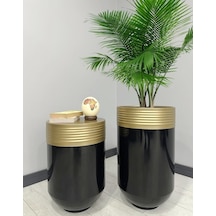 Elegant Dekoratif Eskitme Darbuka Parlak Siyah Saksı 70cm + Sehpa 60cm İkili Set