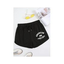 Tarzsokak Letter Graphic Drawstring Waist Track Şort Siyah