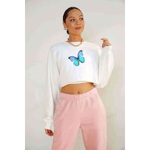 Watercolor Blue Butterfly Kelebek Baskılı Crop Kadın Beyaz Sweat