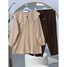 Lovie Moda Yakası Dantel Detaylı Pantolonlu Takım Bej-kahve