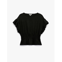 Koton Slim Fit Bel Vurgulu Gipeli Bisiklet Yaka Fırfırlı Kısa Kollu Bluz Siyah 6sak70055ek