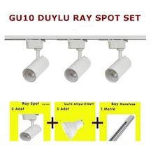 Mini Ray Spot 3'lü Set Gu-10 Duylu Beyaz Kasa Sarı Işık 3 Spot Lamba + 1 Mt Ray + 3 Gün Işığı Gu10 Led Ampul