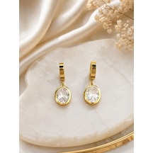 Cm Jewelry Oval Zirkon Taşlı Sallantılı Gold Çelik Küpe Altın