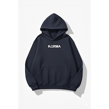 Uyguntarz Unisex Yumuşak Dokulu Karma Kalp Baskılı Tasarım Oversize 3 İplik Hoodie Sweatshirt Indigo