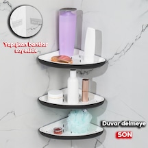 Porsima 0447 3'lü İstiridye Banyo Köşe Rafı Yapışkanlı Raf Siyah