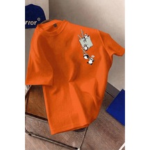 Bambu Panda Grafikli Cep Detaylı Kısa Kollu Oversize Unisex Bisiklet Yaka Tişört Turuncu