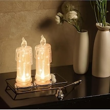 Led Dekoratif Mum Işıklı Mumluk Seti, 2'li, Cam Şamdan, Metal Tepsili, Pilli Diğer