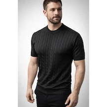 Butik İstanbul Erkek Yazlık Triko Dokuma Tişört Kısa Kol Bisiklet Yaka Örgü Desenli T-shirt - Siyah