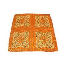 Tikitonki Etnik Çiçek Desenli Turuncu Saten Eşarp - 90x90 Turuncu Turuncu