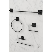 Atacı Yapışkanlı 4lü Siyah Uzun Havluluk Sabunluk Wc Tuvalet Kağıtlık Yuvarlak Havluluk Banyo Seti Siyah