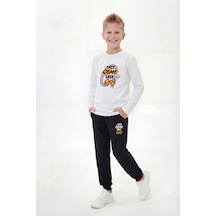 Fyk Kids Yuvarlak Yaka Sweatshirt Paça Lastikli Eşofman Alt Baskılı Uzun Kollu Erkek Çocuk Alt Üst Takım Beyaz