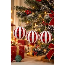 Yılbaşı Ağacı Süsü Kırmızı Beyaz Çizgili Cici Top 8 Cm 3 Lü Set Diğer