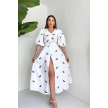 Defymoda Kırmızı Yakası Çiçek Motifli Kemerli Elbise Kırmızı