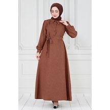 İnci Detaylı Kuşaklı Tesettür Elbise-kahverengi-3584-açık Mavi Açık Mavi