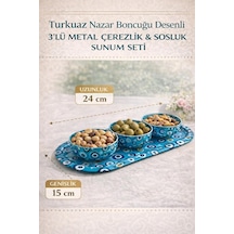 Turkuaz Nazar Boncuğu Desenli 3 Lü Metal Çerezlik Ve Sosluk Sunum Seti, Dayanıklı Baskılı Servis Tepsili Kahvaltılık, Atıştırmalık Ve Lokumluk Kase Takımı, Modern Dekoratif Sofra Sunum Ürünü Diğer