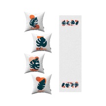 Lacivert Turuncu Modern Tarz Yaprak Desenli 4'lü Kırlent Kılıfı 1 Runner Seti 4kmbs115 Rs Lacivert