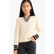 Defacto Kız Çocuk Polo Yaka Kazak G1626a825auer68 Ekru