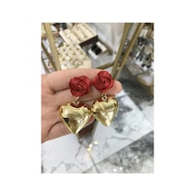 Kırmızı Gül Detaylı Gold Kalp Küpe Altın