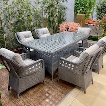 S Collection Lüks Seri Modern Şık Bahçe Balkon Rattan Masa Takımı 6 Kişilik Gri