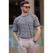Madmext Füme Bisiklet Yaka Çizgili Kısa Kollu Erkek Tişört 6884-füme Füme