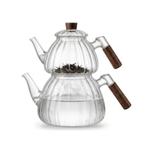 Akasya Cam Çaydanlık Takımı 1500 Ml + 600 Ml - Ahşap Kulplu, Çizgili Tasarım Isıya Dayanıklı Borosilikat Şeffaf Çaydanlık 1