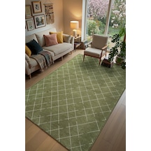 Malta Mlt01y Yeşil Dekoratif Şönil Kilim Geometrik Desen Yıkanabilir Yumuşak Kaymaz Taban Halı Yesıl