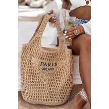 Çift Kalın Askılı Paris Milano Astırlı Fermuarlı İç Cepli Yazlık Tatil Plaj Büyük Boy Hasır Çanta Camel