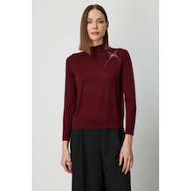 On Kadın Omzu Taş Detaylı Triko Kazak 60453 Bordo Bordo