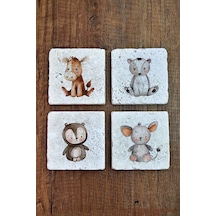 Sevimli Çizgi Hayvanlar Temalı Doğal Taş Bardak Altlığı - Stone Coasters Çok Renkli
