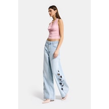 Itsbasic Kadın Ice 4s6-3 Süper Baggy Kalp Nakış Detaylı Özel Tasarım Denim Jean Buz Mavi