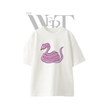 Thewert Pink Snake Tasarım Baskılı Ünisex Beyaz Oversize T-shirt