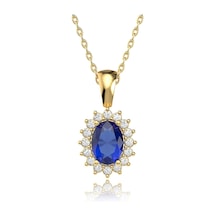 İndigo Takı Oval Safir Taşlı Anturaj Altın Kaplama Gümüş Kolye