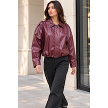 Polo State Kadın Oversize Suni Deri Fermuarlı Kısa Ceket - Bordo