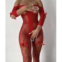 Intive Lingerie Intive Kırmızı Ağı Ve Göğsü Açık Fileli Kurdeleli Esnek Spandex Vücut Çorabı-15501