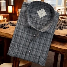 Eren Style Linen Keten Klasik Uzun Kollu İki Cepli Kapaklı Mavi Baba Gömleği Regular Kalıp Antrasit