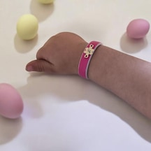 S Harfine Özel Çiçek Motifli Doğal Pembe Derili 14 Ayar Altın Plakalı Hediye Bileklik-383harf S