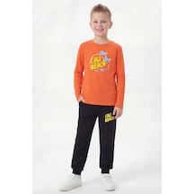 Fyk Kids Yuvarlak Yaka Sweatshirt Paça Lastikli Eşofman Alt Baskılı Uzun Kollu Erkek Çocuk Alt Üst Takım Turuncu