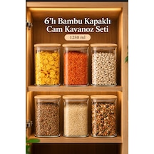 Porsima 6-3 Bambu Vakumlu Kapaklı Kare Borsilikat Cam 6lı Kavanoz Seti Saklama Kabı 1250ml 9,5x15cm Ahşap - Şeffaf